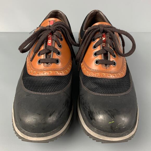 PRADA Size 7.5 Black Tan Mesh Lace Up Sneakers - Picture 4 of 8